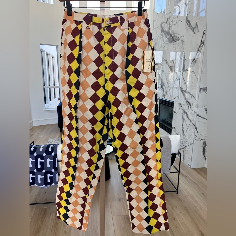 RVCA Peru Pants Linen Cotton Blend Patchwork Loose Fit NWT Sz 25 & 26